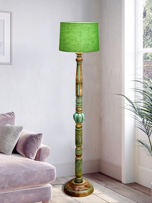 Homesake Royal Carving Antique Algae finish wooden floor lamp with Fabric Green Shade
