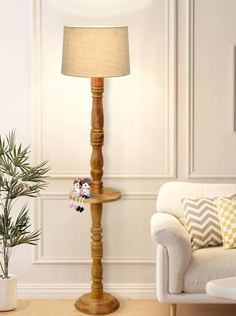 Homesake Rustic Brown Floor Lamp with Off-White Shade & Tray End Table for Living Room