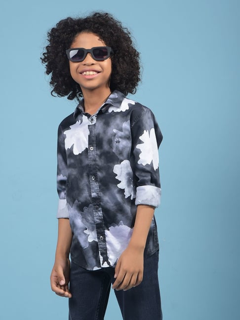 Crimsoune Club Boys Grey Viscose Slim Fit Floral Shirt-picture-43