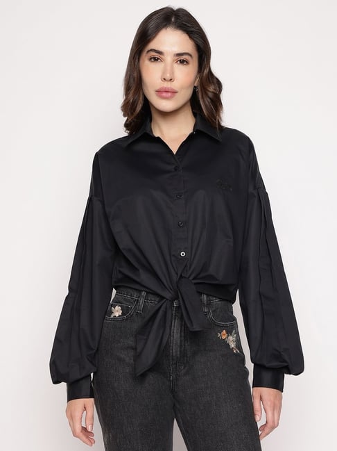 Guess Black Solid Spread Collar Savina Satin Shirt