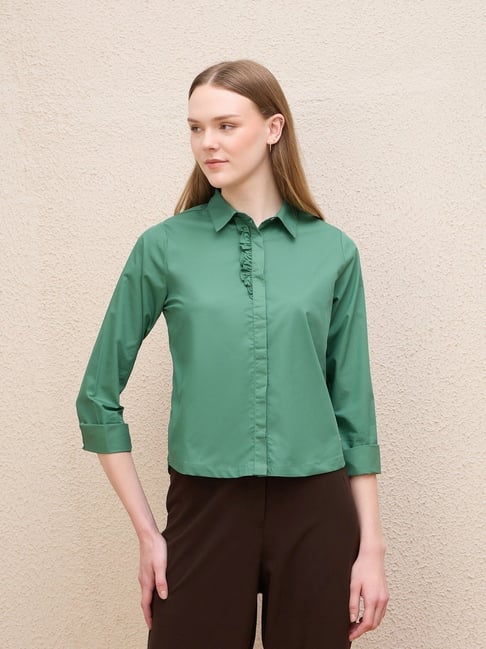 Iconic Green Solid Collared Neck Printed Ruffle Detail Shirt-picture-10