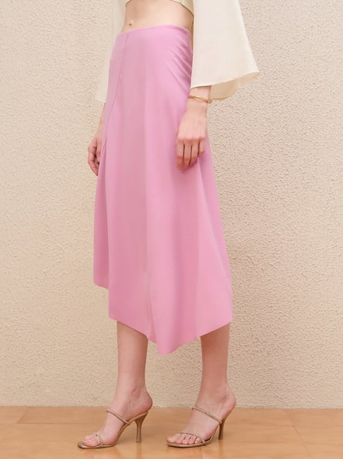 Iconic Pink Solid Flared Fit Asymmetrical Stretchable Flare Skirt