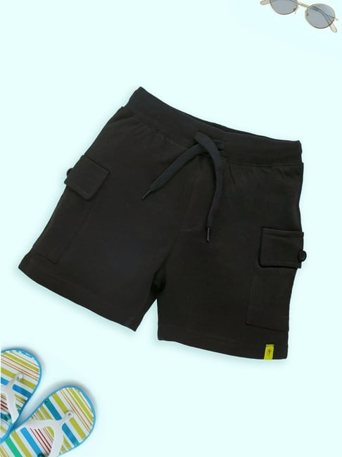 Kiddopanti Boys Cotton Black Cargo Solid Shorts