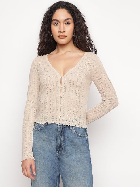 Guess Beige Self Design V-Neck Amira Shiny Yarn Cardigans