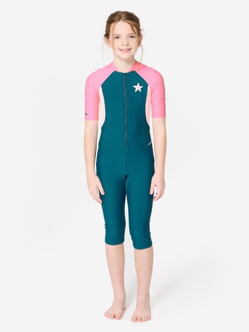 Nabaiji By Decathlon Girls Navy Blue Pink Swimming Shorty Suit