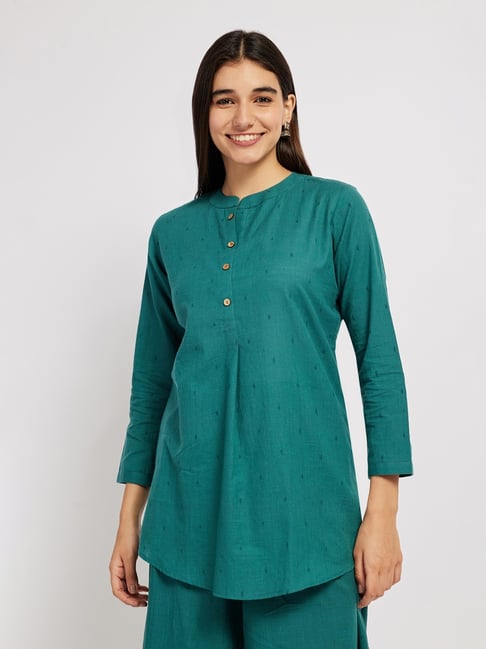 Span Mystery Green Cotton Self Design Three-Quarter Sleeves Kurta-picture-15
