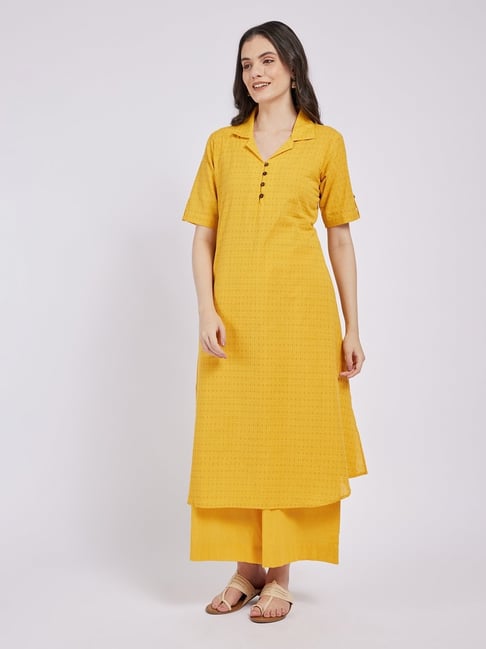 Span Yellow Cotton Printed Short Sleeves Kurta-picture-32