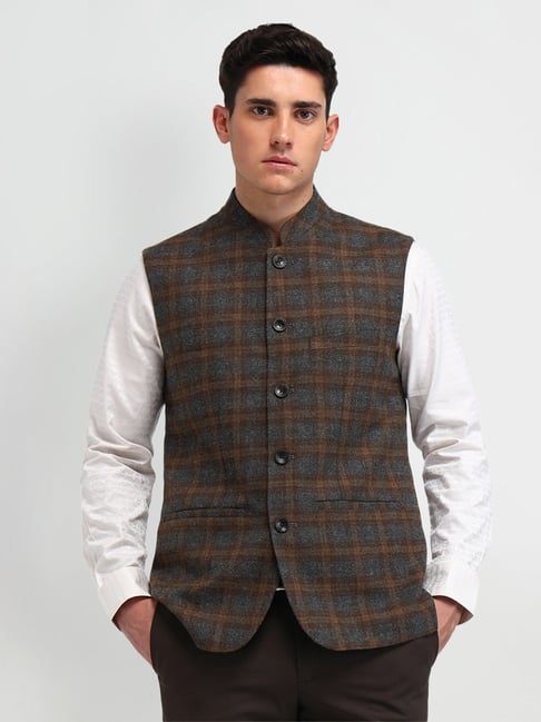 Arrow Grey Slim Fit Checks Nehru Jacket