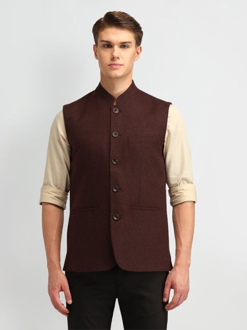 Arrow Brown Regular Fit Texture Nehru Jacket
