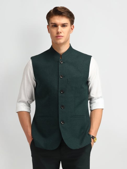 Arrow Green Regular Fit Texture Nehru Jacket