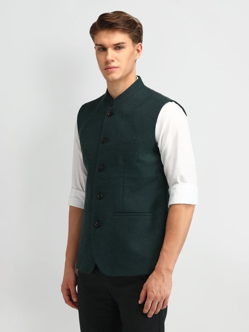 Arrow Green Regular Fit Texture Nehru Jacket