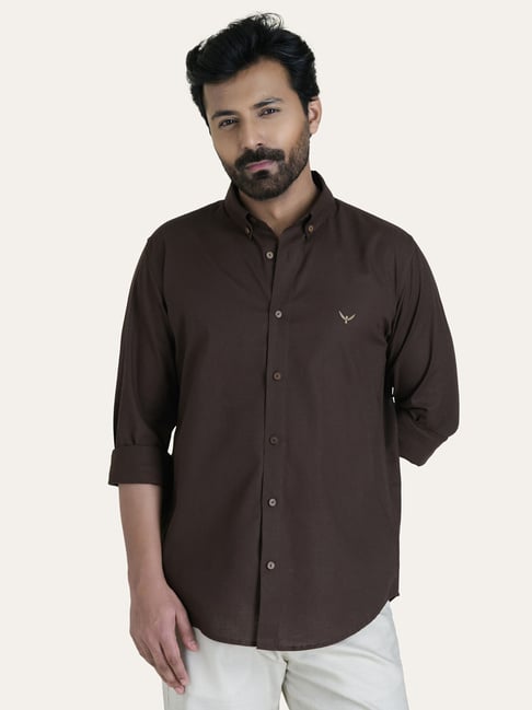 Perch Dark Brown Cotton Linen Slim Fit Shirt-picture-38