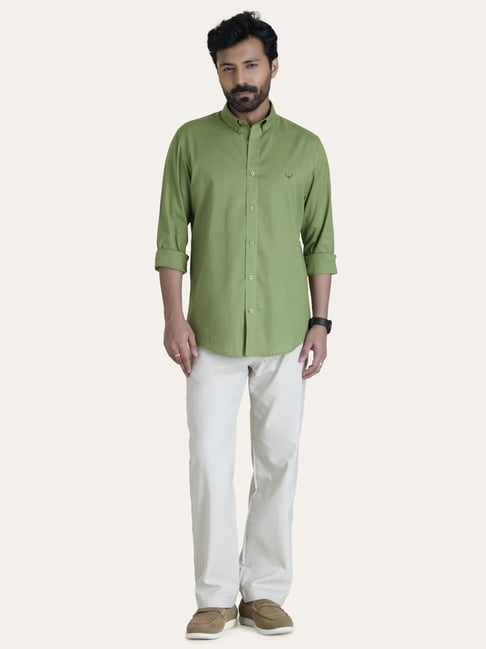 Perch Parrot Green Cotton Linen Slim Fit Shirt