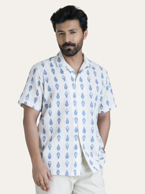 Perch Cream Cotton Linen Relaxed Fit Printed Shirt-picture-25