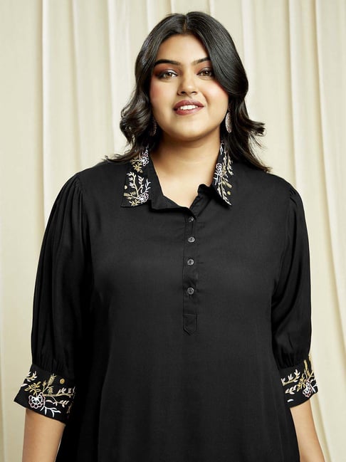 Globus Gloplus Women Black Embroidered Tunic With Wide Leg