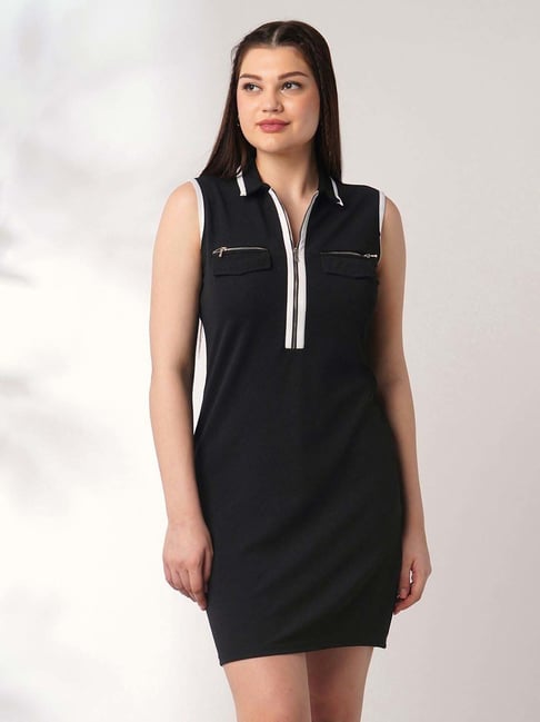 Globus Women Black Collared Neck Front Zip Pocket Detail Solid Mini Bodycon Dress-picture-40