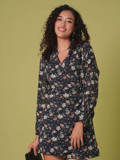 Globus Women Navy Blue Collared V-Neck Cuffed Sleeves Allover Floral Print  Mini Tie-Up Wrap Dress