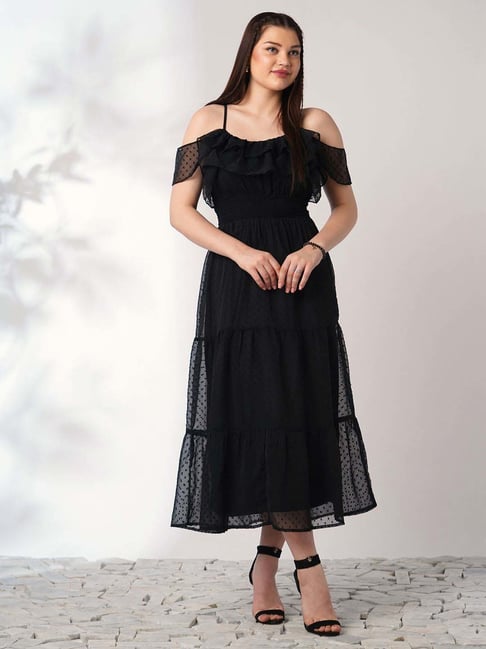 Globus Women Black Off Shoulder Self Design Ruffles Detail