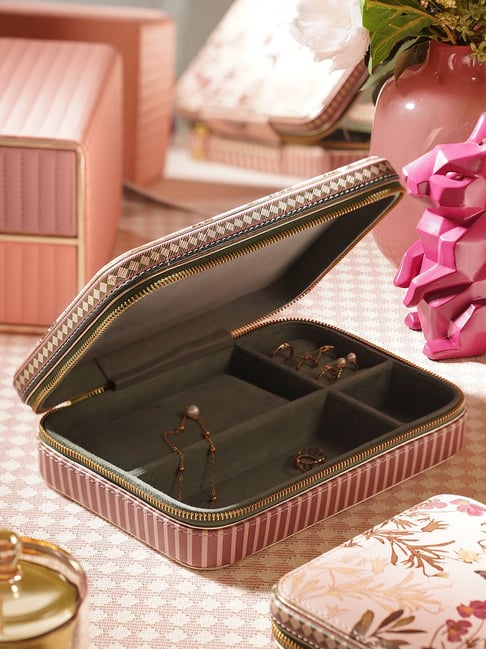 Pure Home and Living Pink Faux Leather Printed Travel Jewellery Box