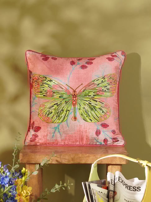 Pure Home and Living Pink Velvet Butterfly Print Square Cushion Cover