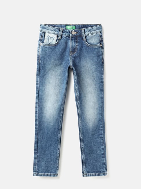 United Colors of Benetton Girls Blue Cotton Solid Jeans