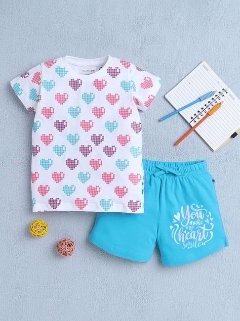 Bumzee Girls White & Blue Half Sleeves T-Shirt & Short Set