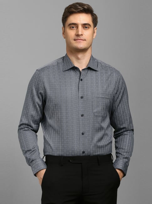 Louis Philippe Grey Cotton Regular Fit Striped Shirt