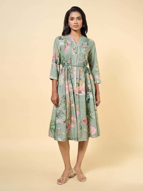 Marigold Lane Sage Green Printed Casual Dress