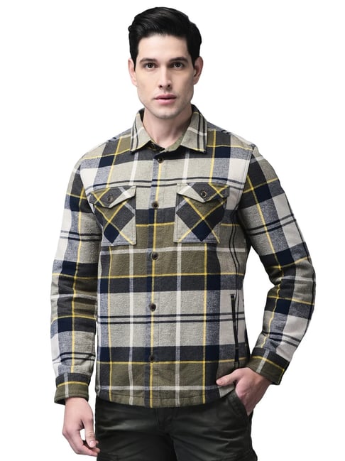 Woodland Green & Beige Cotton Regular Fit Checks Shirt