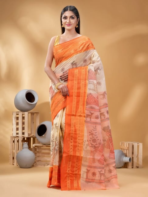 Desh Bidesh Orange Cotton Printed Saree-picture-11