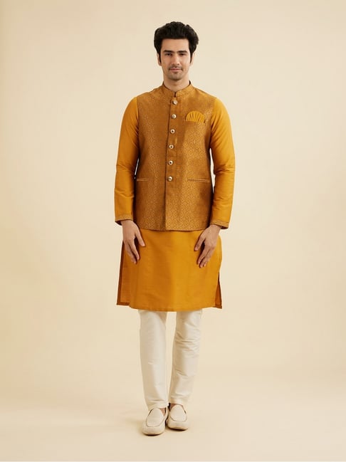 Manyavar Mustard Silk Blend Regular Fit Jacquard Kurta Jacket Set