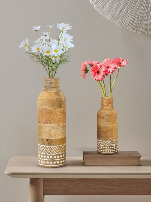 BEHOMA Home Collection Brown Wood Heritage Charm Flower Vase - Set of 2-picture-12