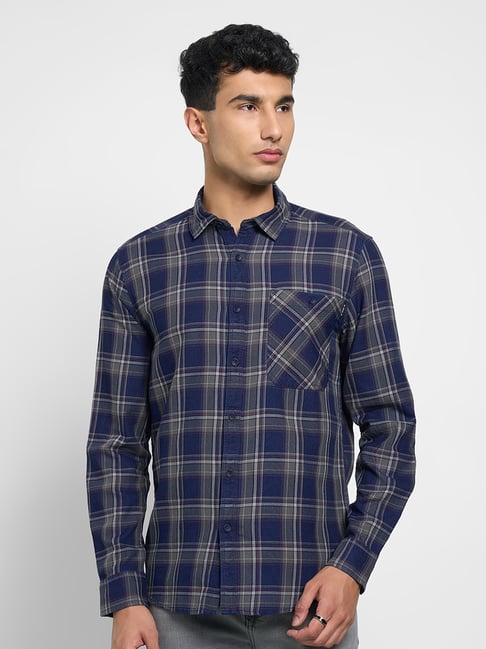 Sf Jeans By Pantaloons Navy Cotton Relaxed Fit Checks Shirt-picture-34