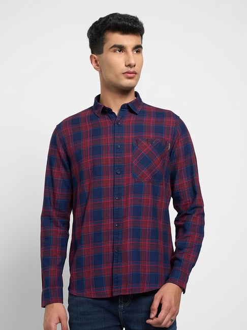 Sf Jeans By Pantaloons Red & Navy Cotton Slim Fit Checks Shirt-picture-24