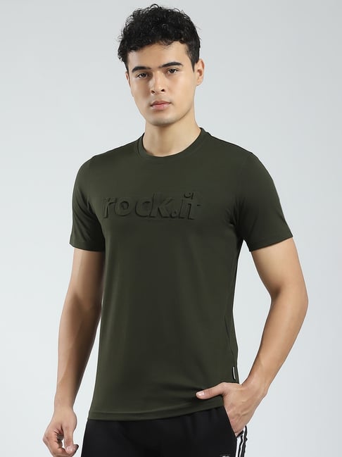 Rock.It Olive Smart Fit Logo Printed Sports T-Shirt