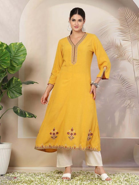 Nayam By Lakshita Yellow A-Line Embroidered Kurta-picture-21