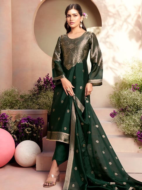 slim fit dress slacks Green Printed With Handwork Pure Cotton Dress Material