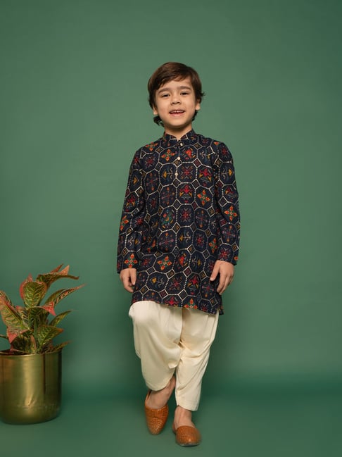 VASTRAMAY Boys Blue Cotton Blend Embellished Kurta Set