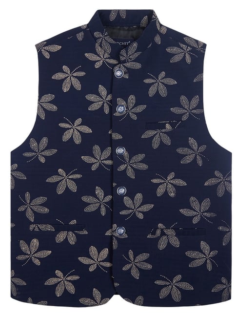 CHARCHIT Boys Turquoise Blue Cotton Blend Printed Nehru Jacket-picture-20