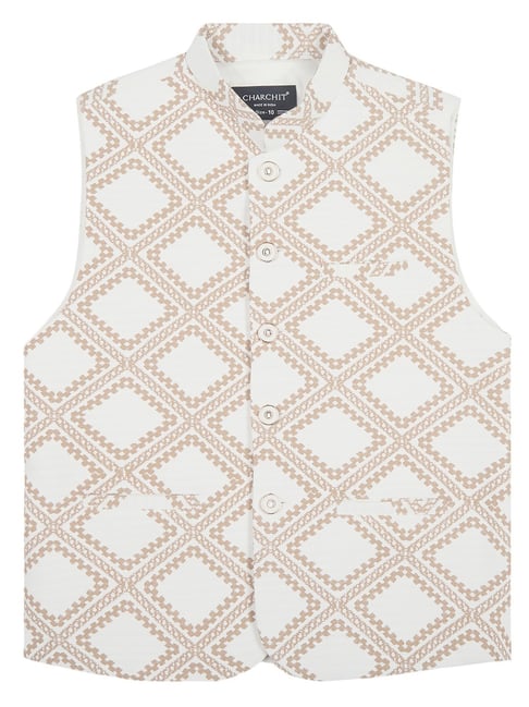 CHARCHIT Boys Cream Cotton Blend Printed Nehru Jacket-picture-17