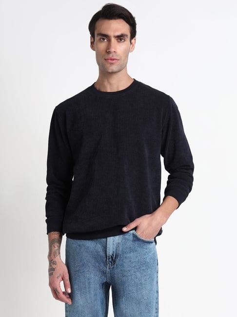 SHOWOFFFF Navy Blue Cotton Slim Fit Sweatshirt