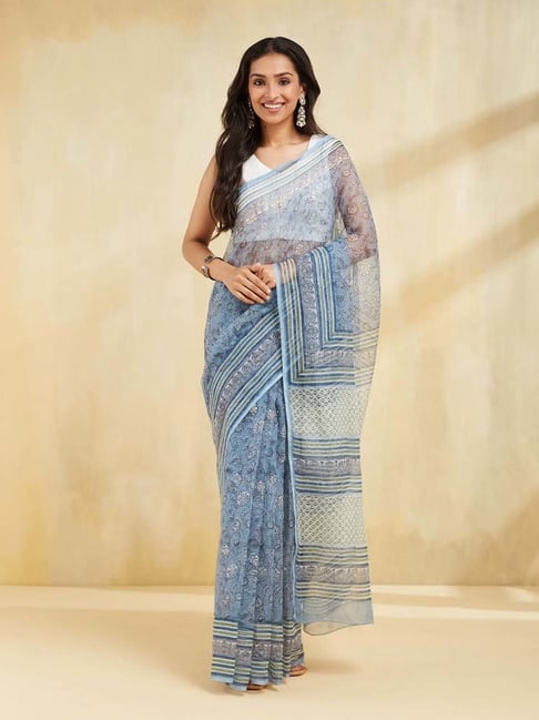 Fabindia Aqua Printed Sarees-picture-22