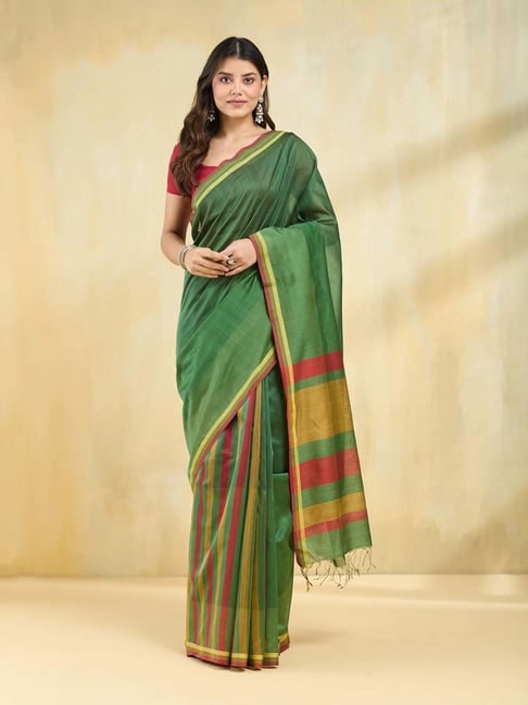 Fabindia Forest Green Striped Sarees-picture-29