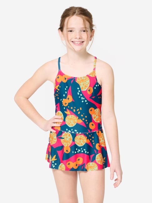 Nabaiji By Decathlon Girls Pink Swimming 1-Piece Skirt Swimsuit