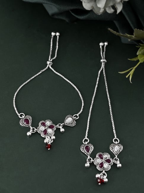 VOJ Silver Adjustable Floral Minakari Flexible Anklets-image-33