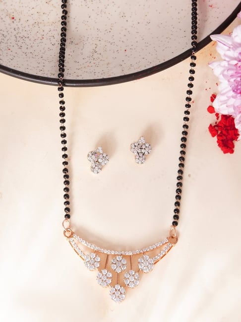 VOJ Rose Gold Adjustable AD Stone Studded Floral Mangalsutra & Earring Sets-image-29