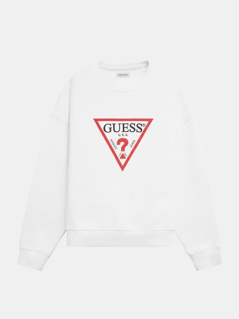 Guess Jeans Iconic Triangle Pure White Cotton Oversized Printed Sweatshirt
