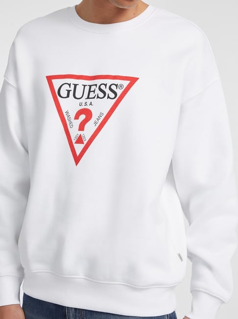 Guess Jeans Iconic Triangle Pure White Cotton Oversized Printed Sweatshirt