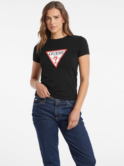 Buy Guess Jeans Jet Black Cotton Slim Fit Printed Top for Womens