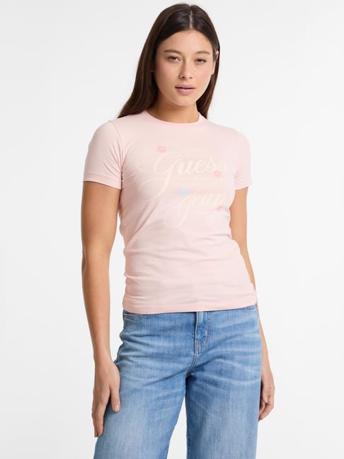 Buy Guess Jeans Blush Pink Cotton Slim Fit Printed Top for Womens